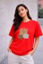 Women's Printed Detail Oversize Bol Cut T-Shirt with Cycling Neck