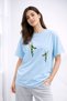 Women's Printed Detail Oversize Bol Cut T-Shirt with Cycling Neck