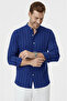 Navy Blue Stripe Textured Premium Collar Comfortable Fit Wrinkle Viscose Linen Men's Shirt 2602621 - 2