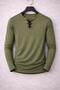 Special Edition Khaki Green Drawstring Collar Slim Fit Long Sleeve Wide Collar Crew Neck T-Shirt Tshirt - 4