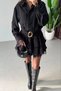 Women's Black Lace Detailed Layered Ruffled Belt Piece Shirt Collar Short Dress - 4