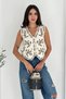 Women's Cream Colored Floral Embroidered V-Neck Buttoned K Linen Vest