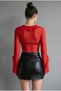 Women's Red Tulle Detail Plunging Neckline Cropped Blouse Spanish Sleeve Ruffle Stylish Night Blouse - 4
