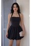 Women's Black Halter Neck Tie-Detail Halter Neck Dabıl Fabric Balloon Mini Dress - 4