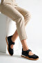 Black Real Genuine Leather Women's Sandals Shoes Velcro Thick Sole Pery - 3