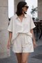 Women's Striped Shirt Collar Shorts Set Zyn-58909