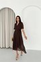 Women's Brown Belted Double-Breasted Collar Wrap Chiffon Dress Nbk4520