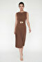 Women's Mink Crew Neck Belt Piece Midi Event Dress
