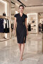 Women's Black Double-Breasted Collar Button Detail Midi Event Dress - 5