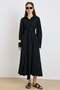 Button Closure Belt Detailed Flared Dress with Cotton Panels Black 9419-E