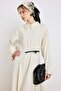 Premium Fabric Flared Dress with Belt Accessories Cream 9423-E - 7
