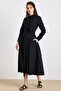 Button Closure, Pleated Detail, Cotton Piece Dress Black 9417-E