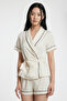Belted Piped Detail Viscose Shorts Woven Pajama Set Beige - 2