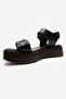 Lone Black Genuine Leather Buckled Women's Thick Soled Sandals - 6
