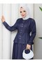Denim Denim Snap Fastener Shirt & Pocketed Skirt Hijab Set Rc9026 - 6