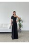 Black Heart Collar Half Sleeve Crepe Fabric Maxi Length Dress