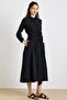 Button Closure, Pleated Detail, Cotton Piece Dress Black 9417-E - 2