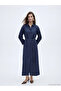 Lcw Modest Navy Blue Belted Linen Mixed Material Shirt Dress