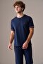 Men's Short Sleeve Buttoned Collar 100% Cotton Pajama Set Dark Navy Blue