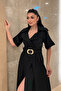 Crepe Fabric Double-Breasted Collar Belt Piece Dress - Black - 4