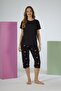 Women's Heart Bottom Patterned Black Short Sleeve Capri Soft Pajamas Set - 3