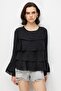 4831 Women's Layered Detailed Ruffled Long Sleeve Blouse Black