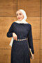 Women's Sim Detail Self Patterned Gold Belt Piece Dress Navy Blue - 3
