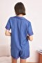 Mavi Kalp Nakışlı Çizgili Biye Detaylı Saten Dokuma Pijama Takımı THMSS26PT00105 - 4