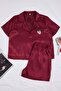 Burgundy Strawberry and Slogan Embroidered Satin Shorts Woven Pajama Set Thmss22Pt0395 - 3