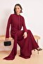 Bordo Şal Detaylı Dökümlü Kumaş Maxi Dokuma Tesettür Abiye TCTSS26DB00013 - 5