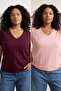 Bordo Pembe 2'li Paket Basic V Yaka %100 Pamuk Örme Büyük Beden T-Shirt TBBSS22TS0705