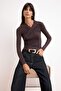 Brown Fitted/Asymmetrical Collar Long Sleeve Stretchy Knitted Blouse Twoss26Bz00692