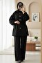 Balloon Sleeve Belted Front Buttoned Scuba Suit - Black - 2