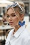 Silver Color Hoop Earrings – Indigo Blue Fabric Design with Pearls - 7