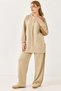 Women's crew neck rose detail tracksuit set - beige