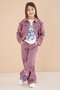 Dusty Rose Cute Character Printed Jacket and Trousers 3-Piece Girls' Set 23587