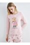 Pink Crew Neck Bear Teddy Printed Women's Pajama Set (S6) - 2
