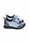 Women's Gray Shiny Satin and Leather Detailed Flat Sole Lace-Up Sneakers - 5