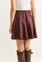 Women's Burgundy Color Midi Length Belted Suede Flared Skirt - 5