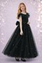 Girls Black Gathered/Ruffle Sleeve Long Pearls Graduation Dress - 2