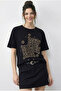 Women's Black Stone Printed Leopard Pattern Crew Neck Regular Fit T-Shirt 2209 60283975 - 2