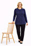 Women's Patterned Round Neck Relaxed Fit Combed Cotton Blouse for Middle Age and Above Mothers 8551 - 5