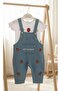 Strawberry Embroidery Knitted Denim Fabric Salopet and Strawberry Printed Tshirt 2-Piece Set - 3
