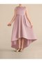 Girl's Powder Color Asymmetrical Skirt Detailed Simple Stylish Satin Ball Gown Birthday Prom Graduation Dress - 4