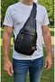 Real Leather Unisex Double Gusset Snap Fastener Top Closure Black Bodybag Bag