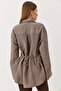 Women's brown Oversized thin k Belt i spanish sleeve soft ke Linen shirt - 5