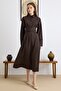 Button Closure Belt Detailed Flared Cotton Dress Brown 9419-E - 5