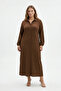 Plus Size Wrinkled Fabric Long Dress – Shirt Collar, Buttoned Throughout
