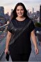 Women's Large Size Leather Look And Tassel Detail Black Blouse - 2