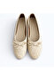 Women's Beige Faux Leather Textured Knitted Patterned Bowknot Ballerinas - 4